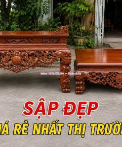 4 mẫu sập gỗ gụ Lào thủ công gồm Ngũ Phúc Kim Tiền, vua sập thờ Nhị cấp, Thập điểu quần mai và sập Ba bông đục tích