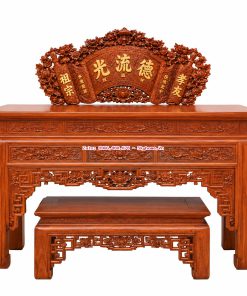 Bàn thờ án gian truyện ô gỗ gụ Lào kết hợp cuốn thư Mai Hóa Long