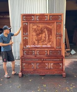 Bình phong gỗ Lục Hạc Quần Tùng 2 mặt cho nhà thờ – Kích thước 2,1 x 1,55 m