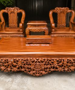 Combo nội thất phòng khách gỗ gụ Lào gồm sập Thập Điểu Quần Mai, bàn ghế Móc Mỏ và bàn ăn 9 món