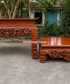Combo nội thất phòng thờ gỗ gụ Lào gồm sập Điểu Quần Mai và sập thờ Mai Điểu hoàn thiện màu cánh gián non
