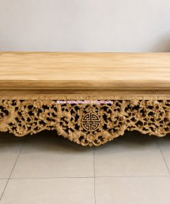 Sập Ngũ Phúc Kim Tiền Gỗ Gụ Lào 2,20 x 1,80 M Dạ Quây Tứ Diện Dày 10 cm Chạm Khắc Thủ Công