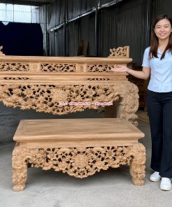 Vua sập thờ Nhị cấp gỗ gụ Lào liền khối chân vuông 24 phân đục Mai điểu thủ công